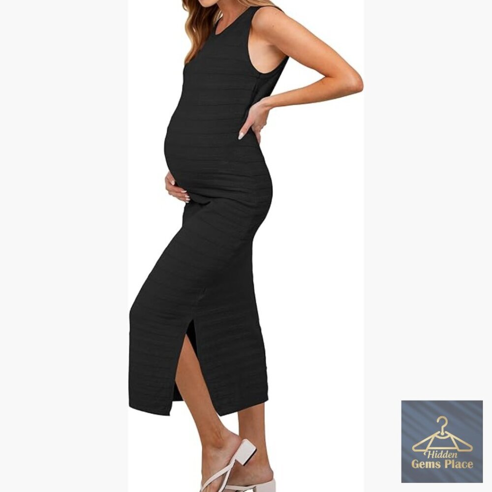Maternity Midi Dress Sleeveless Bodycon Striped Side Slit Knit Summer - Picture 1 of 7